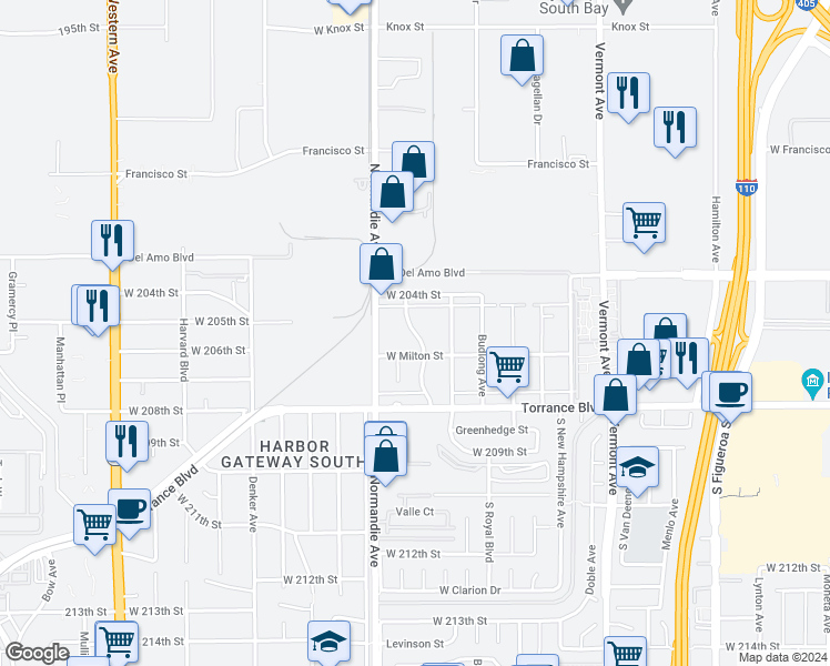 map of restaurants, bars, coffee shops, grocery stores, and more near 20523 South Kenwood Avenue in Torrance