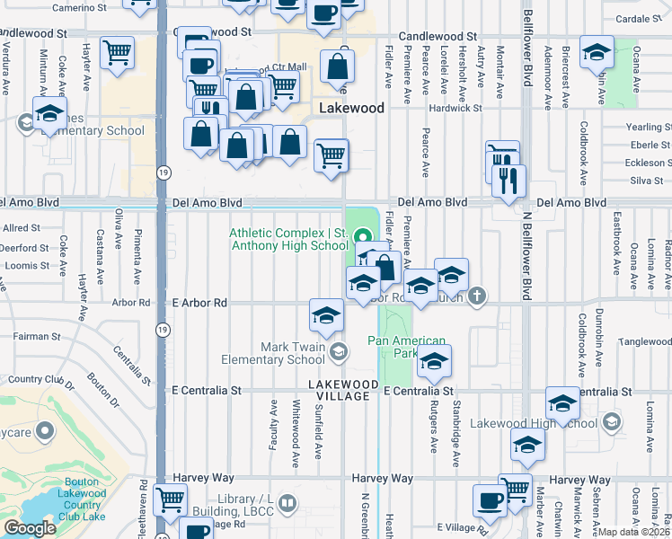 map of restaurants, bars, coffee shops, grocery stores, and more near 4747 Clark Avenue in Long Beach