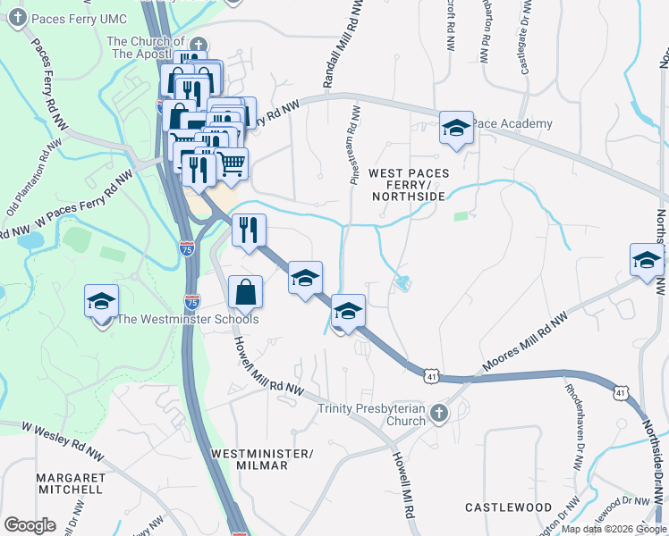 map of restaurants, bars, coffee shops, grocery stores, and more near 3272 Pinestream Road Northwest in Atlanta