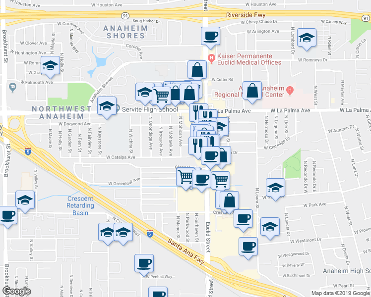 map of restaurants, bars, coffee shops, grocery stores, and more near 1744 West Catherine Drive in Anaheim