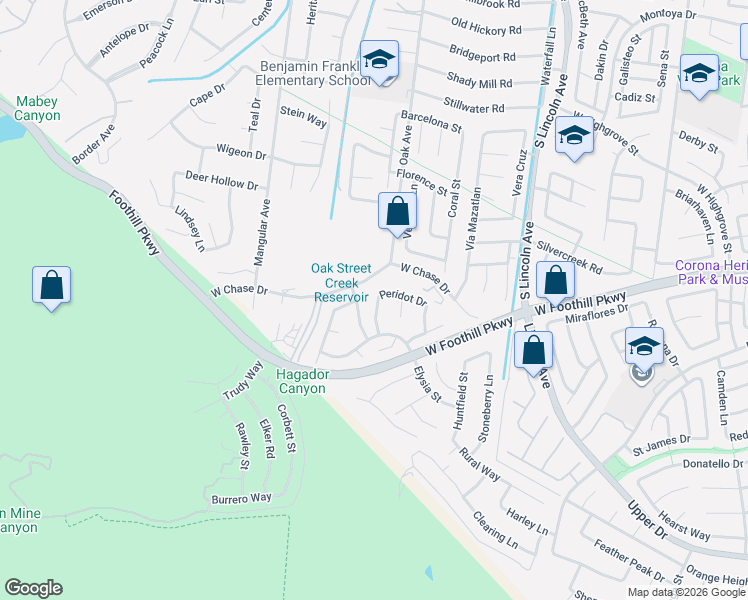map of restaurants, bars, coffee shops, grocery stores, and more near 3285 Peridot Drive in Corona