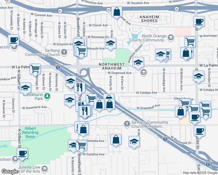 map of restaurants, bars, coffee shops, grocery stores, and more near 914 North Holly Street in Anaheim