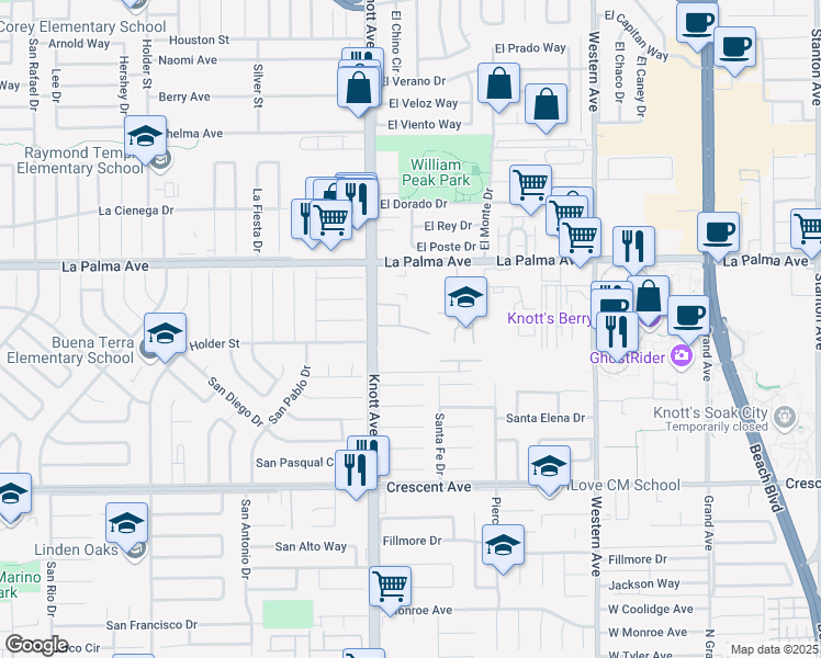 map of restaurants, bars, coffee shops, grocery stores, and more near 108 Santa Irene Circle in Buena Park