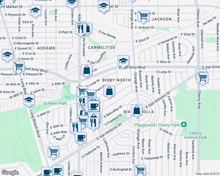 map of restaurants, bars, coffee shops, grocery stores, and more near 1069 East Ridgewood Street in Long Beach