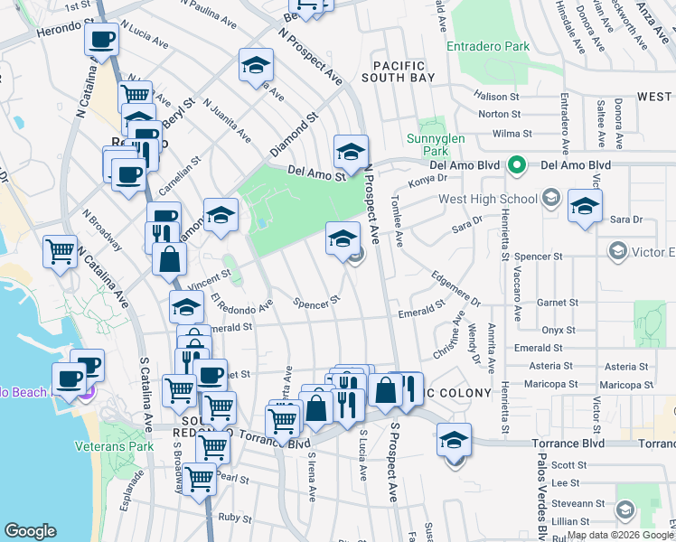 map of restaurants, bars, coffee shops, grocery stores, and more near 200 North Lucia Avenue in Redondo Beach