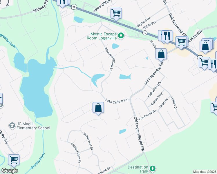 map of restaurants, bars, coffee shops, grocery stores, and more near 3919 Sugar Tree Lane in Loganville