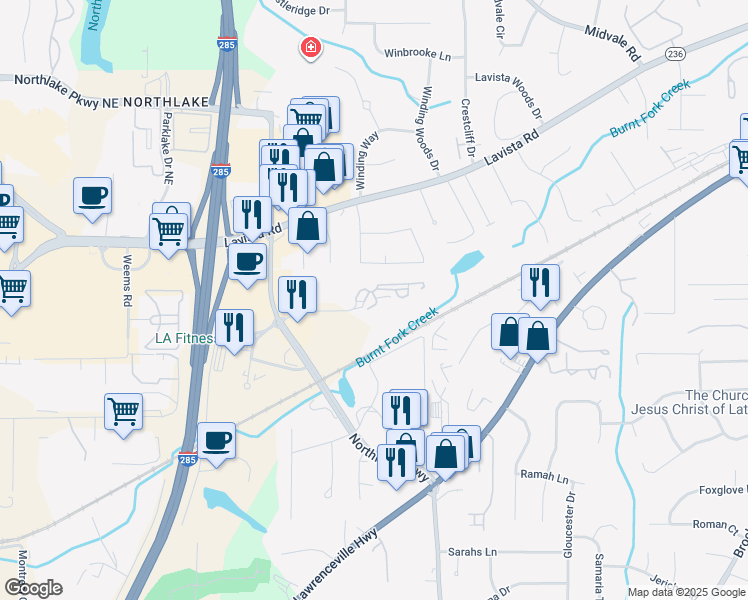 map of restaurants, bars, coffee shops, grocery stores, and more near 2100 East Exchange Place in Tucker
