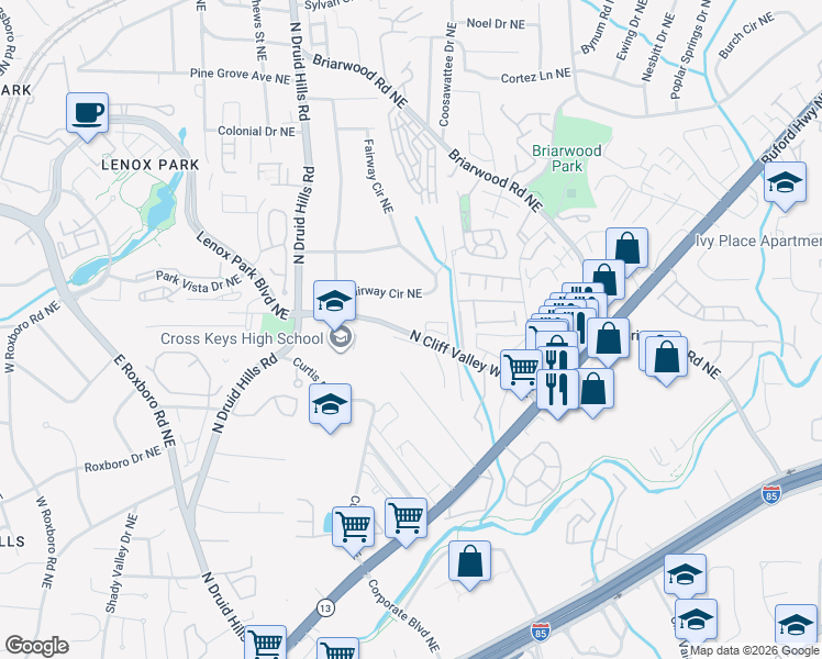 map of restaurants, bars, coffee shops, grocery stores, and more near 1324 North Cliff Valley Way Northeast in Atlanta