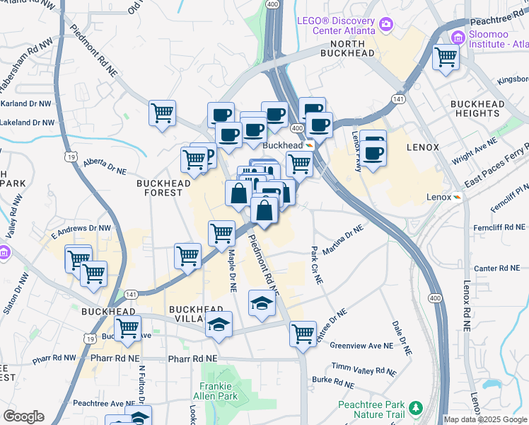map of restaurants, bars, coffee shops, grocery stores, and more near 3280 Peachtree Road Northeast in Atlanta