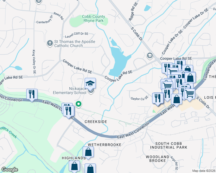 map of restaurants, bars, coffee shops, grocery stores, and more near 4091 Laurel Springs Way Southeast in Smyrna