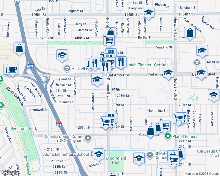 map of restaurants, bars, coffee shops, grocery stores, and more near 20422 Pioneer Boulevard in Lakewood