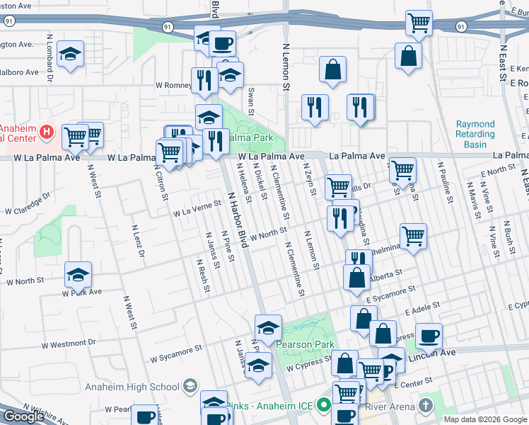 map of restaurants, bars, coffee shops, grocery stores, and more near 829 North Dickel Street in Anaheim