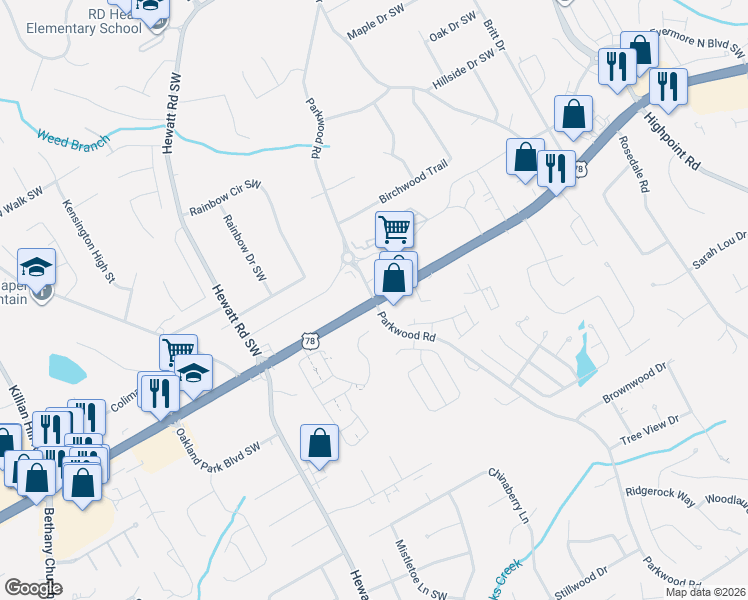 map of restaurants, bars, coffee shops, grocery stores, and more near 2199 Parkwood Rd SW in Snellville