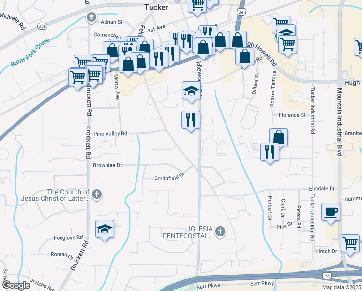 map of restaurants, bars, coffee shops, grocery stores, and more near 2051 Fellowship Road in Tucker