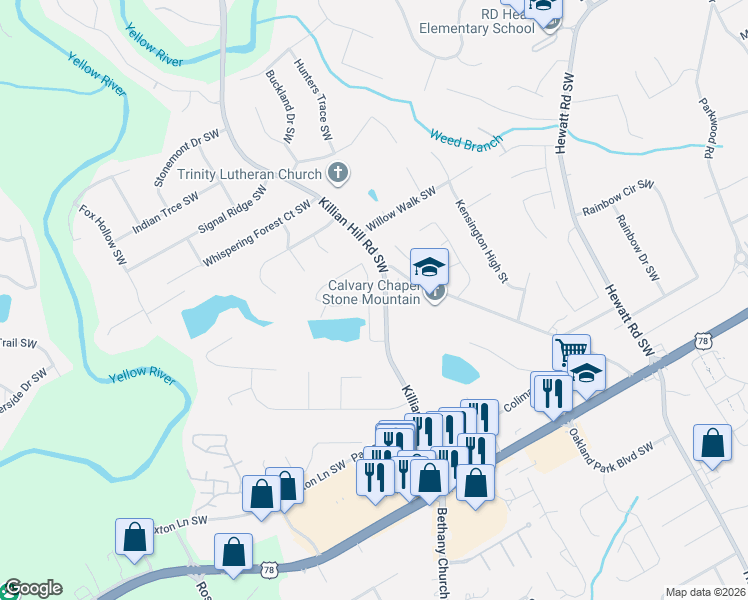 map of restaurants, bars, coffee shops, grocery stores, and more near 4113 Pond Edge Road Southwest in Snellville