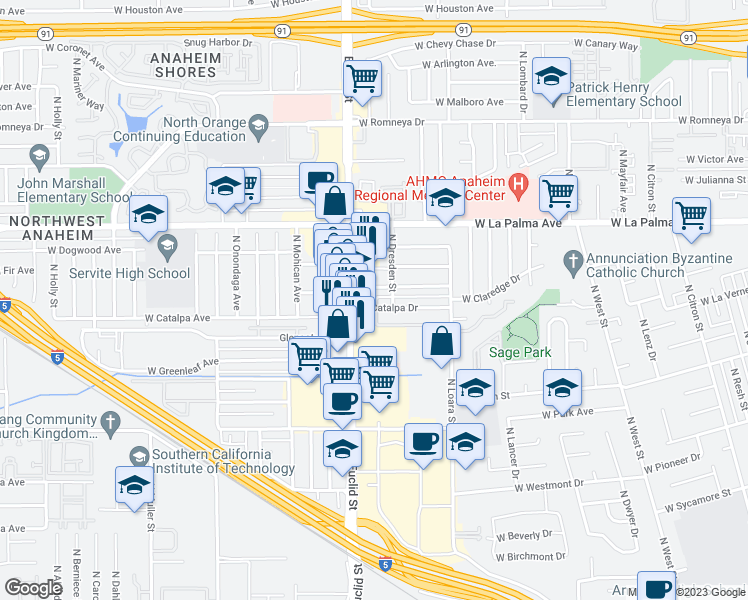 map of restaurants, bars, coffee shops, grocery stores, and more near 1681 West Catalpa Drive in Anaheim
