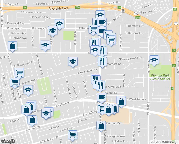 map of restaurants, bars, coffee shops, grocery stores, and more near 1902 East Redwood Avenue in Anaheim
