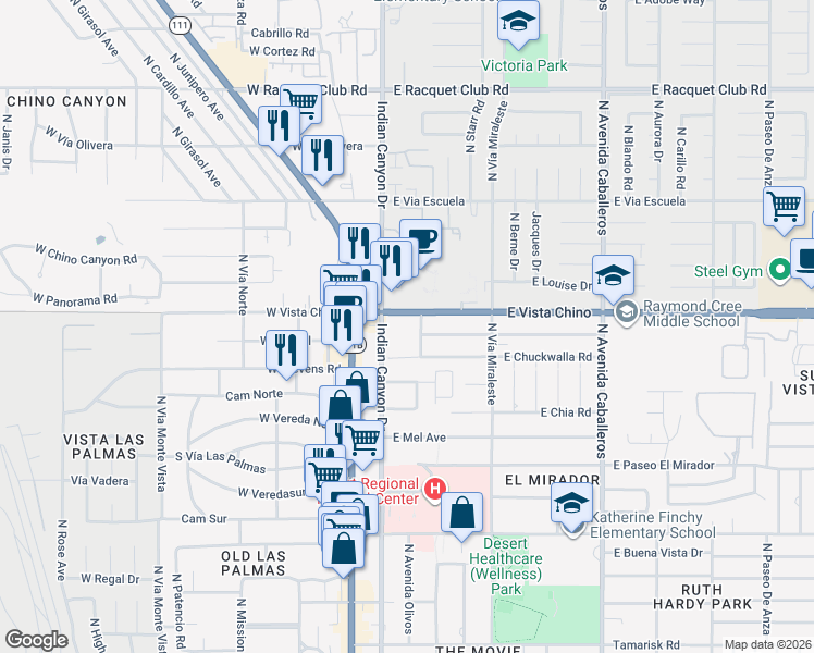map of restaurants, bars, coffee shops, grocery stores, and more near 1555 North Chaparral Road in Palm Springs