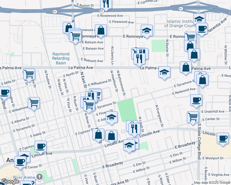map of restaurants, bars, coffee shops, grocery stores, and more near 603 North Hawthorn Street in Anaheim