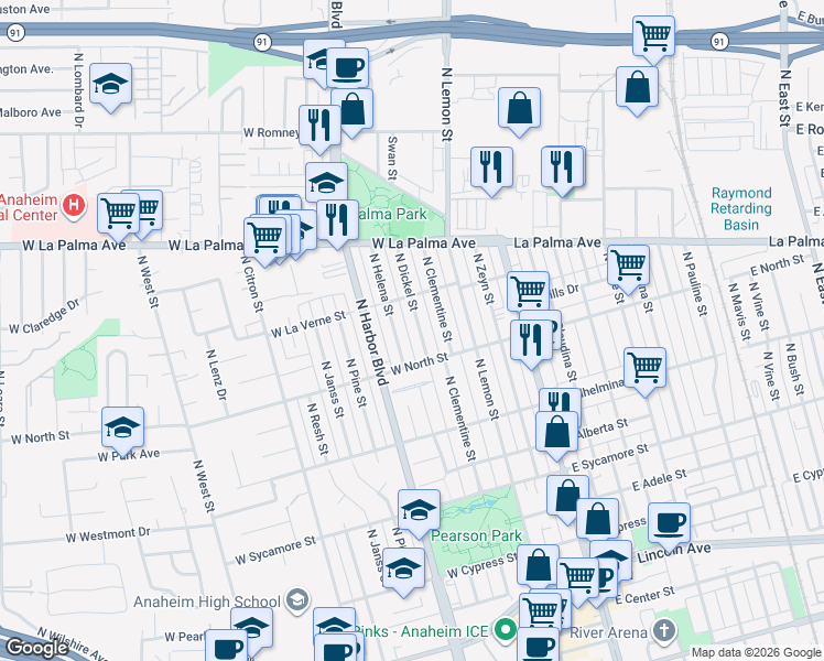 map of restaurants, bars, coffee shops, grocery stores, and more near 829 North Dickel Street in Anaheim