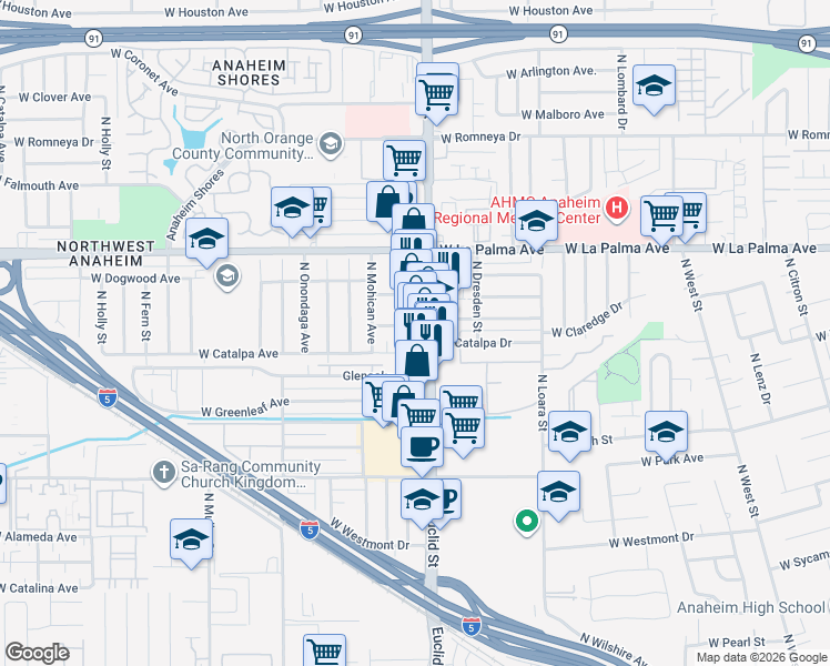 map of restaurants, bars, coffee shops, grocery stores, and more near 911 North Euclid Street in Anaheim