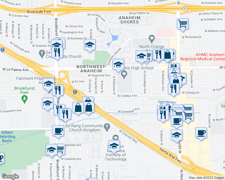 map of restaurants, bars, coffee shops, grocery stores, and more near 915 North Keystone Street in Anaheim