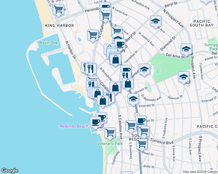 map of restaurants, bars, coffee shops, grocery stores, and more near 20 North Catalina Avenue in Redondo Beach