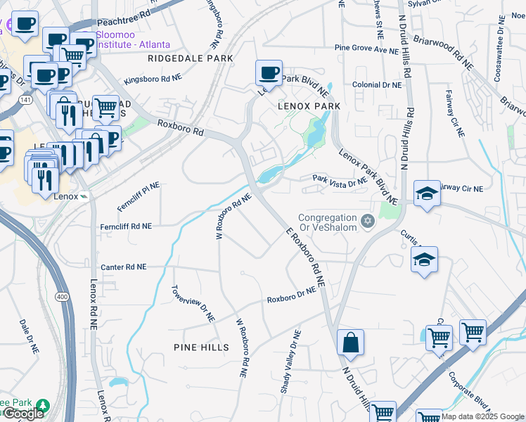 map of restaurants, bars, coffee shops, grocery stores, and more near 2110 East Roxboro Road Northeast in Atlanta