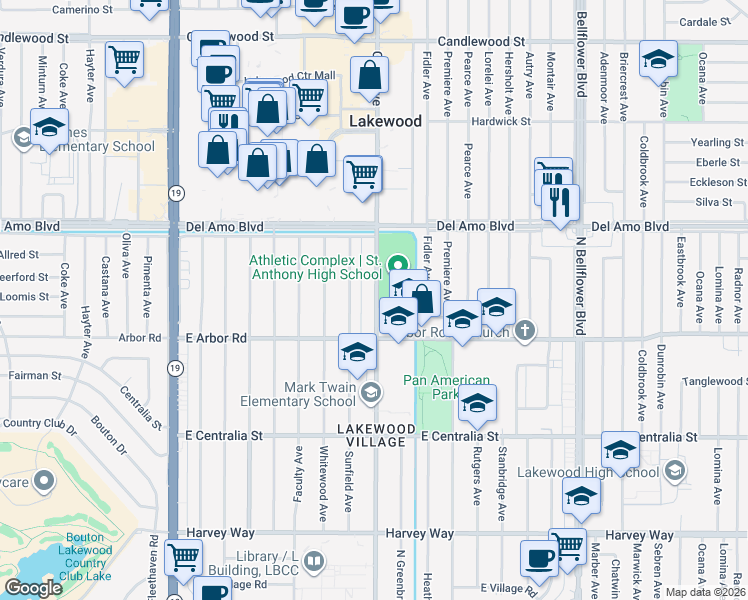 map of restaurants, bars, coffee shops, grocery stores, and more near 4747 Clark Avenue in Long Beach