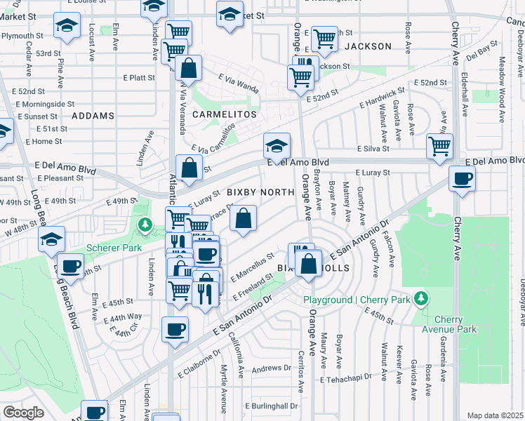 map of restaurants, bars, coffee shops, grocery stores, and more near 1098 East Ridgewood Street in Long Beach