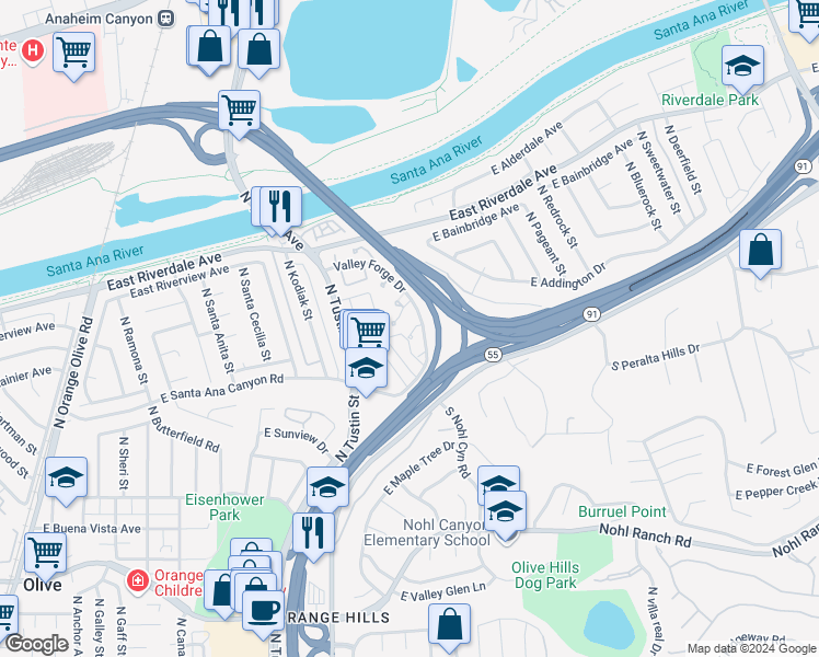 map of restaurants, bars, coffee shops, grocery stores, and more near 4007 East Flintlock Way in Anaheim
