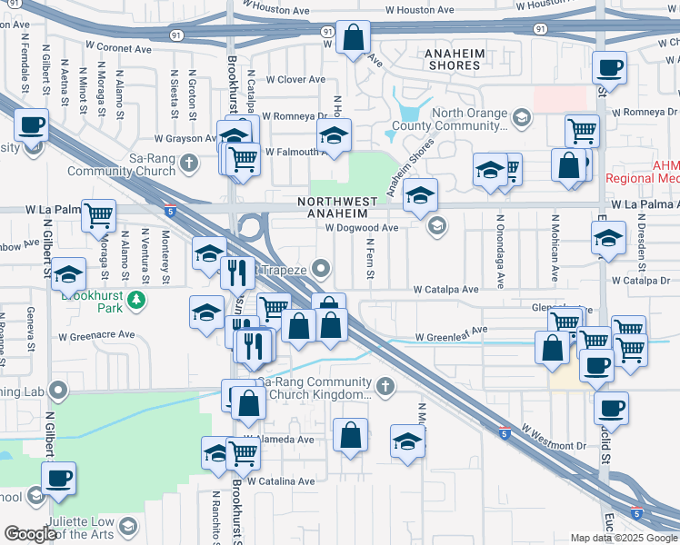 map of restaurants, bars, coffee shops, grocery stores, and more near 914 North Holly Street in Anaheim