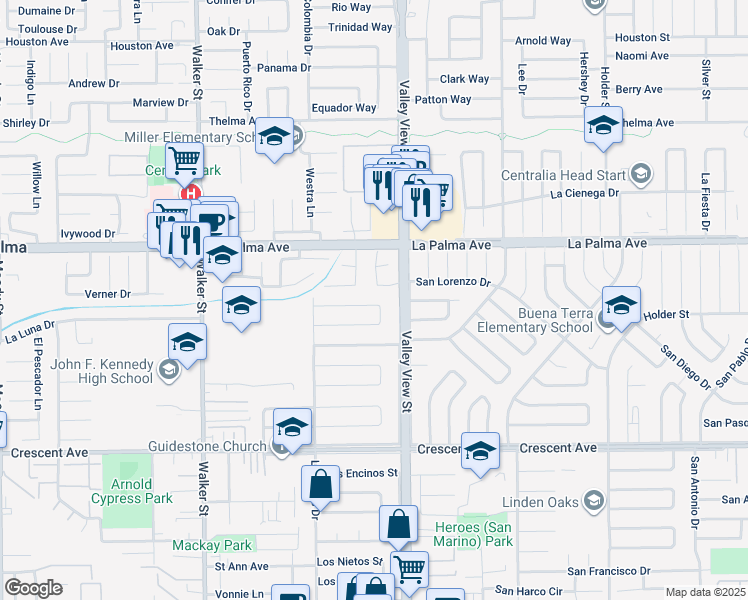 map of restaurants, bars, coffee shops, grocery stores, and more near 5837 Los Arcos Way in Buena Park