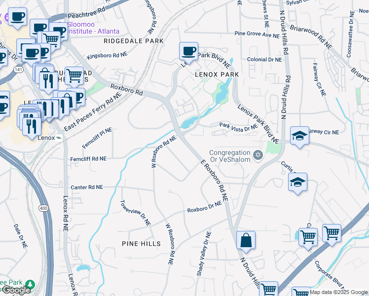 map of restaurants, bars, coffee shops, grocery stores, and more near 2110 E Roxboro Rd NE in Atlanta