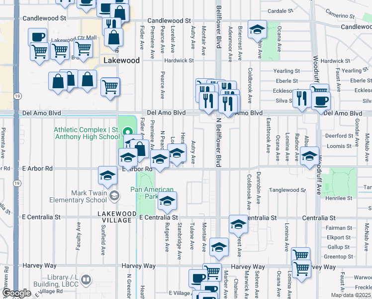 map of restaurants, bars, coffee shops, grocery stores, and more near 4748 Hersholt Avenue in Long Beach