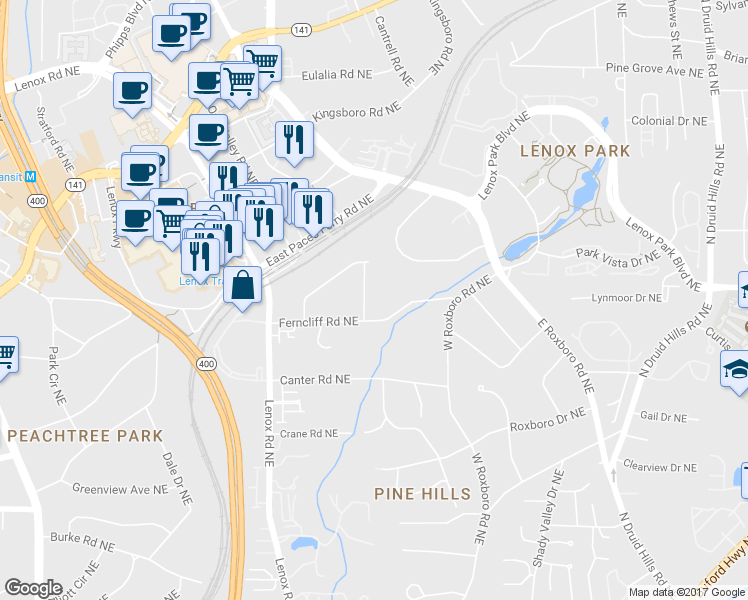 map of restaurants, bars, coffee shops, grocery stores, and more near 3281 Lenox Pl NE in Atlanta