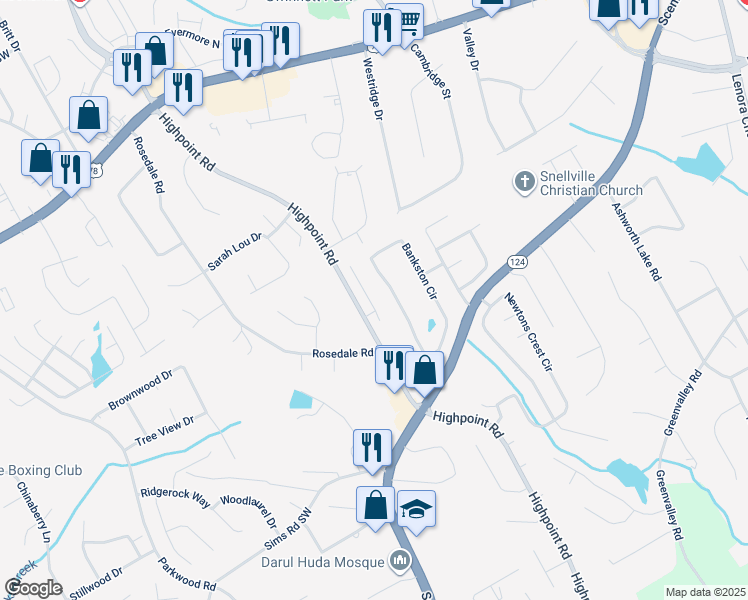 map of restaurants, bars, coffee shops, grocery stores, and more near 2580 Norwich Trace in Snellville