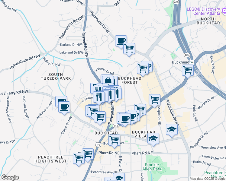 map of restaurants, bars, coffee shops, grocery stores, and more near 3279 Roswell Road Northwest in Atlanta