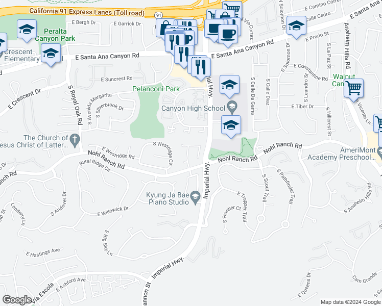 map of restaurants, bars, coffee shops, grocery stores, and more near 450 South Avenue Faro in Anaheim