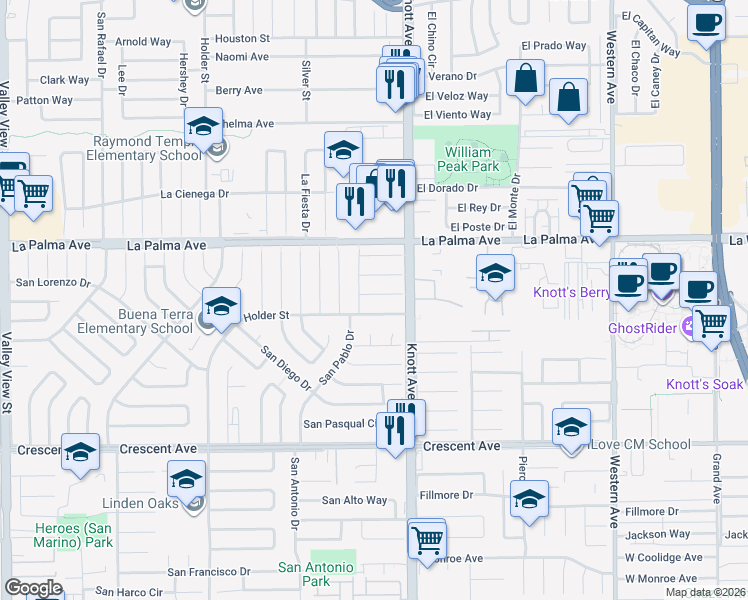 map of restaurants, bars, coffee shops, grocery stores, and more near 6932 San Joaquin Circle in Buena Park
