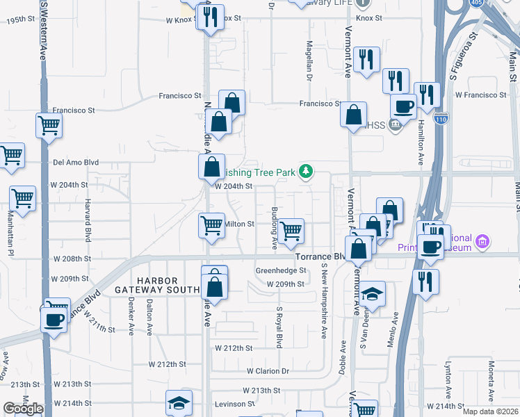 map of restaurants, bars, coffee shops, grocery stores, and more near 20506 Raymond Avenue in Torrance