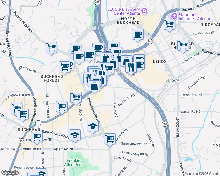 map of restaurants, bars, coffee shops, grocery stores, and more near 32 Highland Drive Northeast in Atlanta