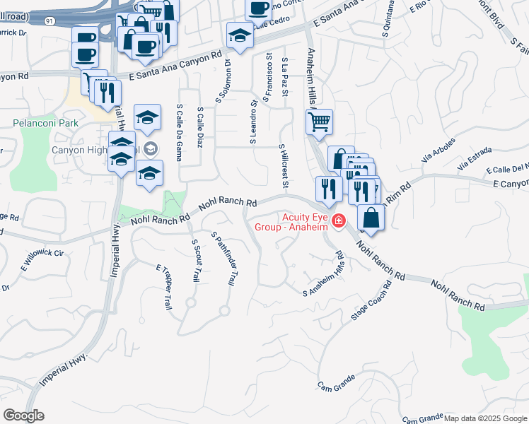 map of restaurants, bars, coffee shops, grocery stores, and more near 6015 East Brighton Lane in Anaheim