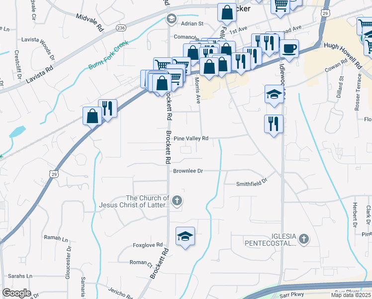 map of restaurants, bars, coffee shops, grocery stores, and more near 4073 Pine Valley Road in Tucker