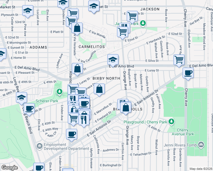 map of restaurants, bars, coffee shops, grocery stores, and more near 1098 East Ridgewood Street in Long Beach