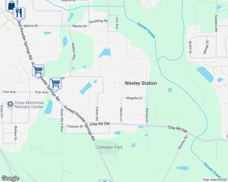 map of restaurants, bars, coffee shops, grocery stores, and more near 3432 Harris Farms Way in Austell