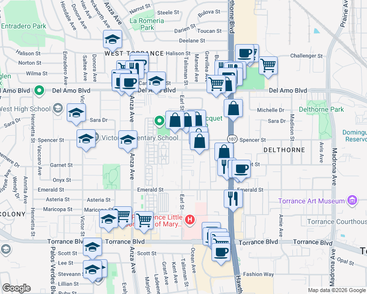 map of restaurants, bars, coffee shops, grocery stores, and more near 20546 Earl Street in Torrance