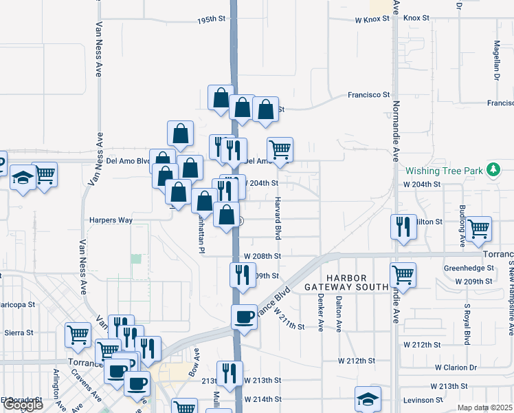 map of restaurants, bars, coffee shops, grocery stores, and more near 1636 West 205th Street in Torrance