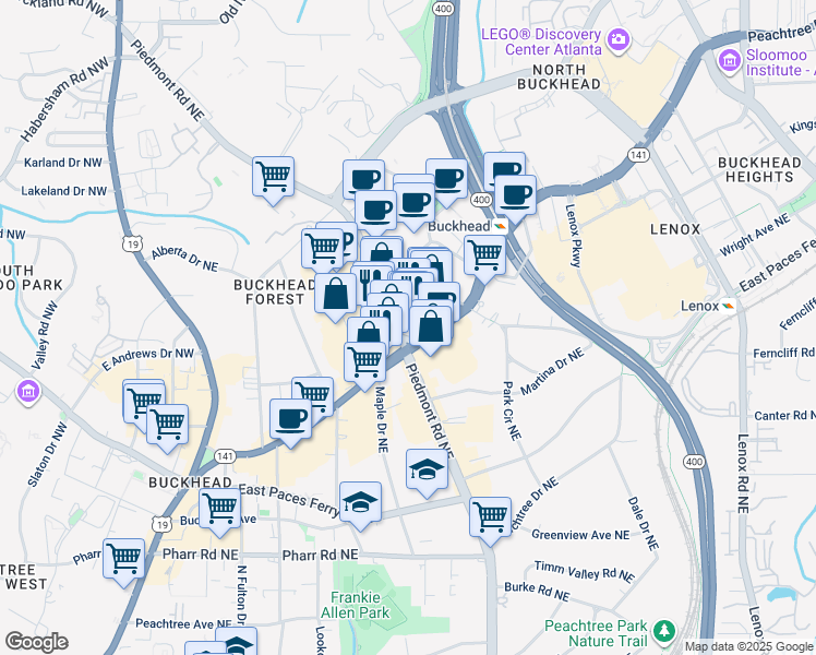 map of restaurants, bars, coffee shops, grocery stores, and more near 3280 Peachtree Road Northeast in Atlanta