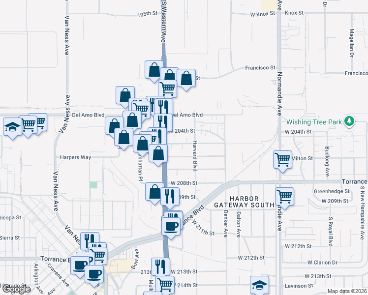 map of restaurants, bars, coffee shops, grocery stores, and more near 1626 West 205th Street in Torrance